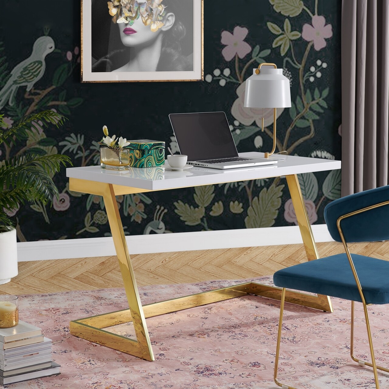 Inspired Home Kanoa High Writing Desk-Gloss Lacquer Finish-Polished Stainless Steel Base-Geometric Legs